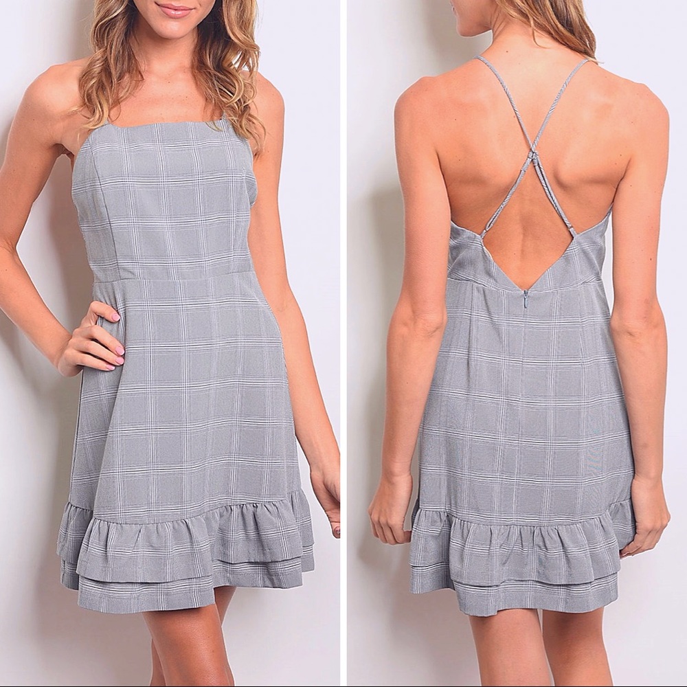 CLEARANCE! Essue Dress. Grey Plaid Ruffle Criss-Cross Open Back Dress.